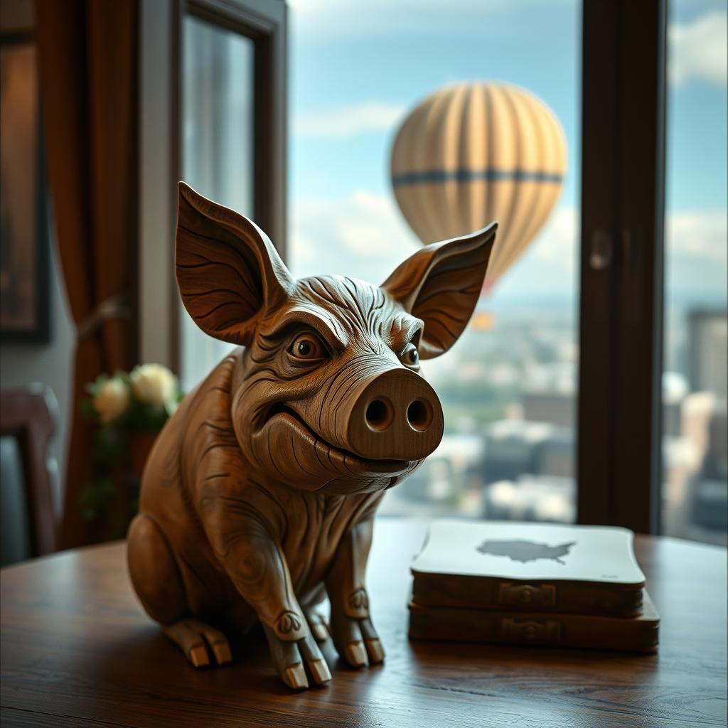Artisan Wood Carving of Eccentric Pig