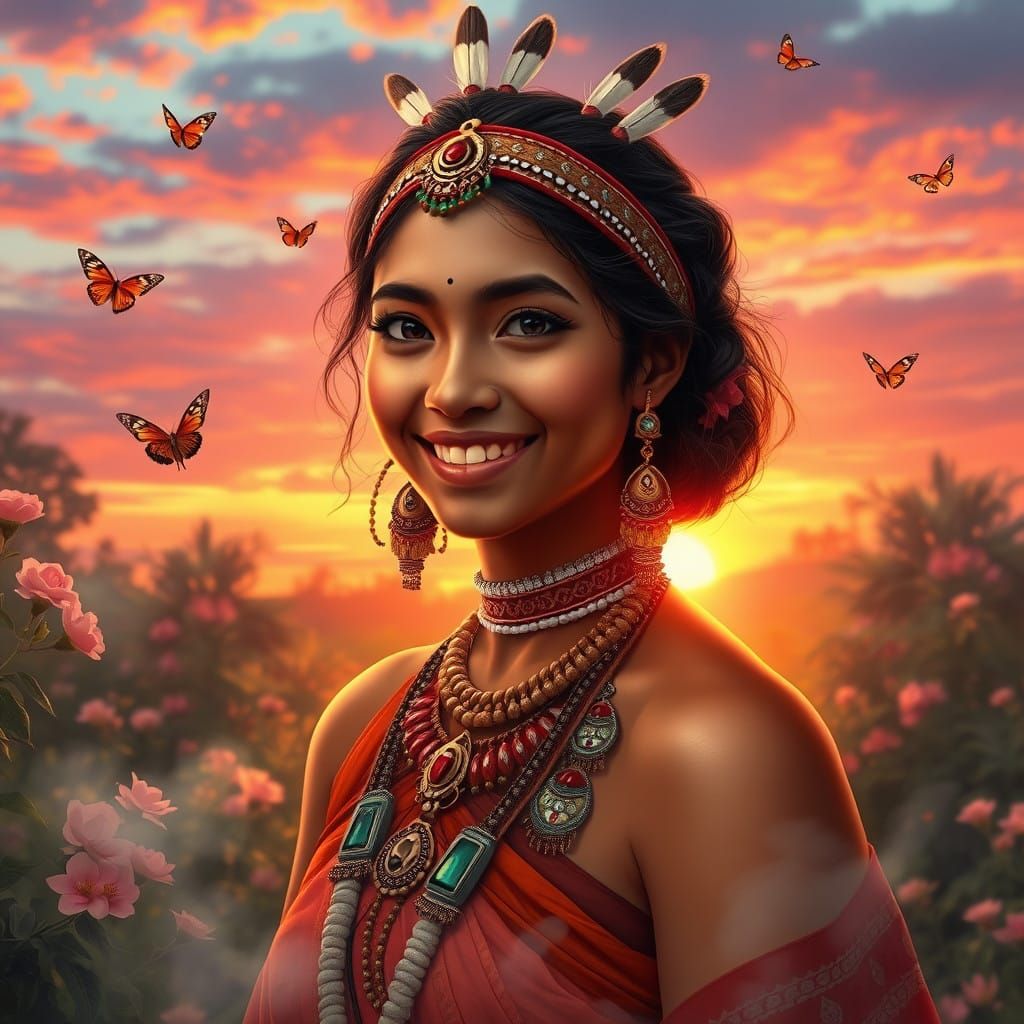 Whimsical Indian Tribal Woman in Vibrant Spring Garden