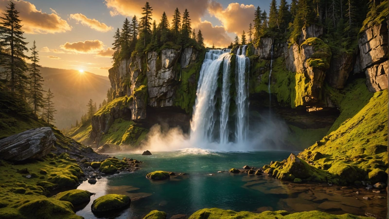 Whiskey Waterfall: Golden Streams Under Sunset Sky