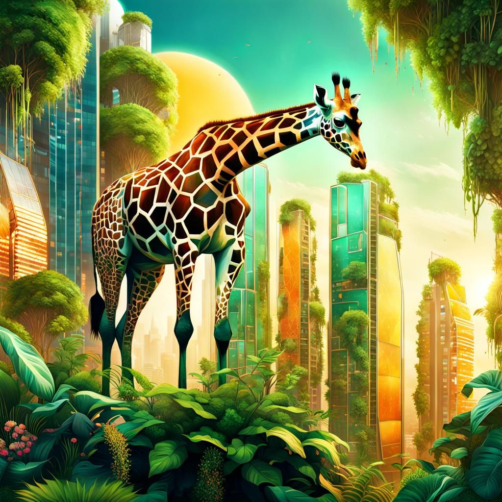 Solarpunk Giraffe Grazing in Vertical Garden City