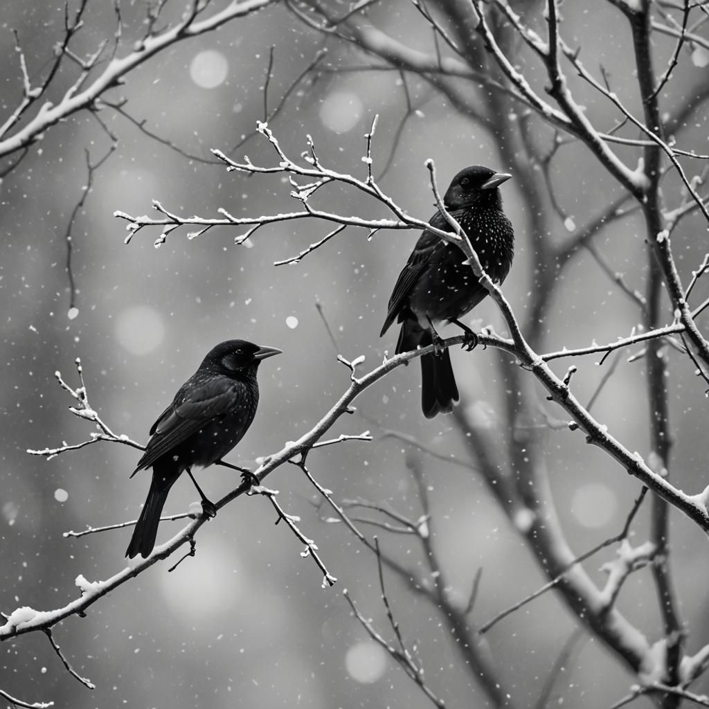 Monochrome Bird in Snow: Fine Art Photography