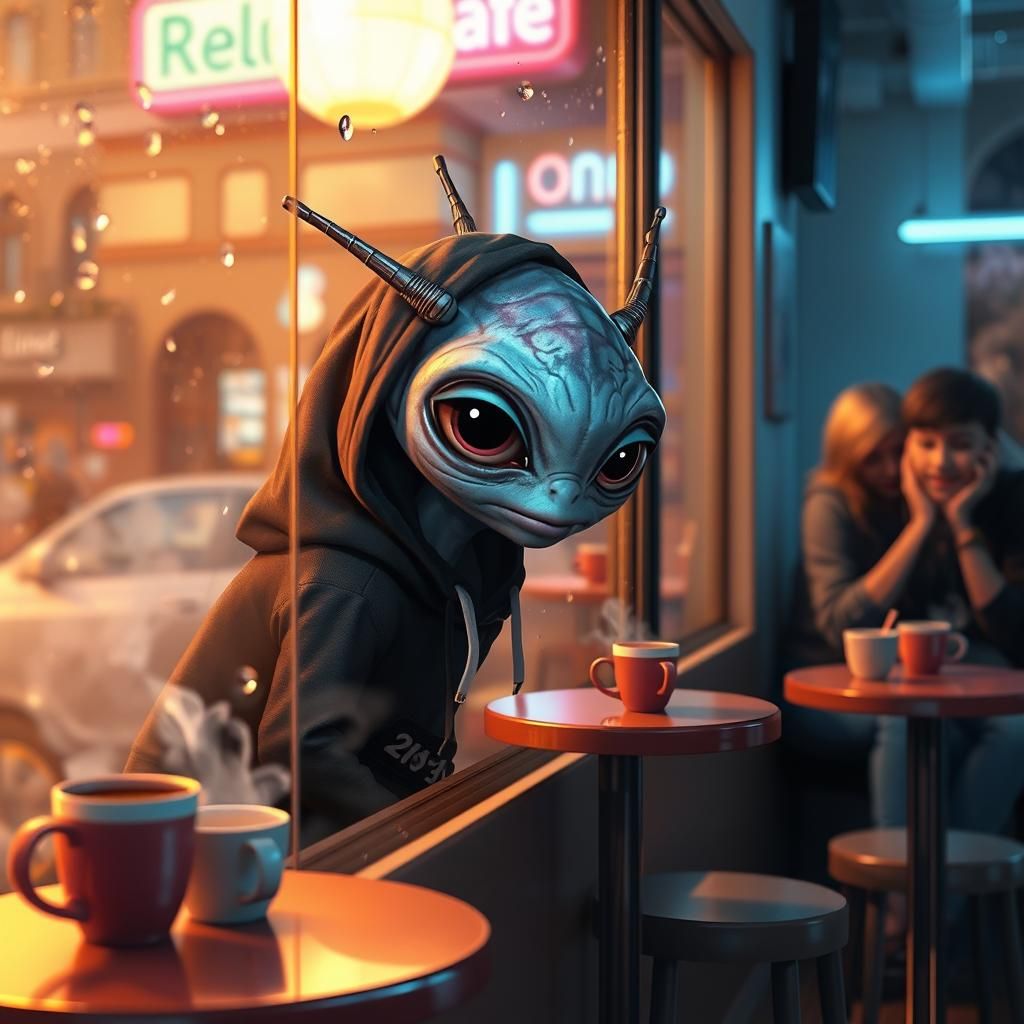 Cozy Coffee Shop Visitor in a Futuristic Style
