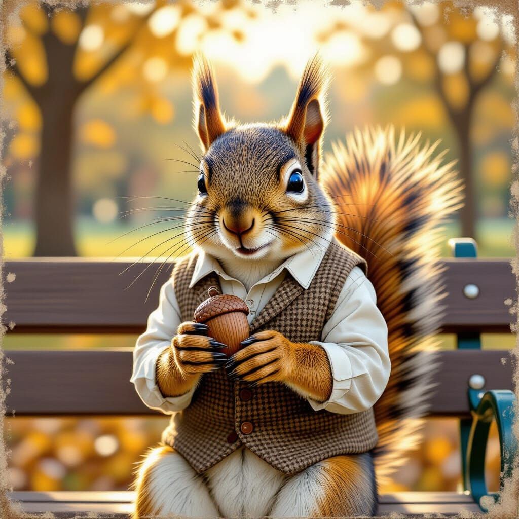 African American Squirrel in Tweed Vest Holding Acorn