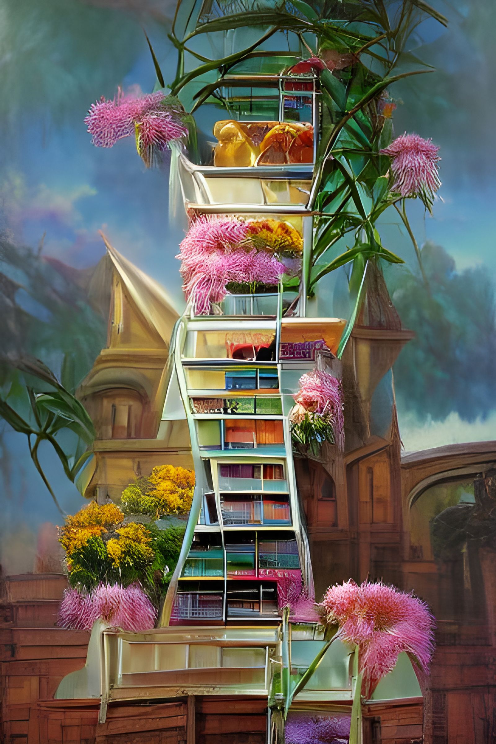 Pastel Flowers at Balcony with Library in Painting