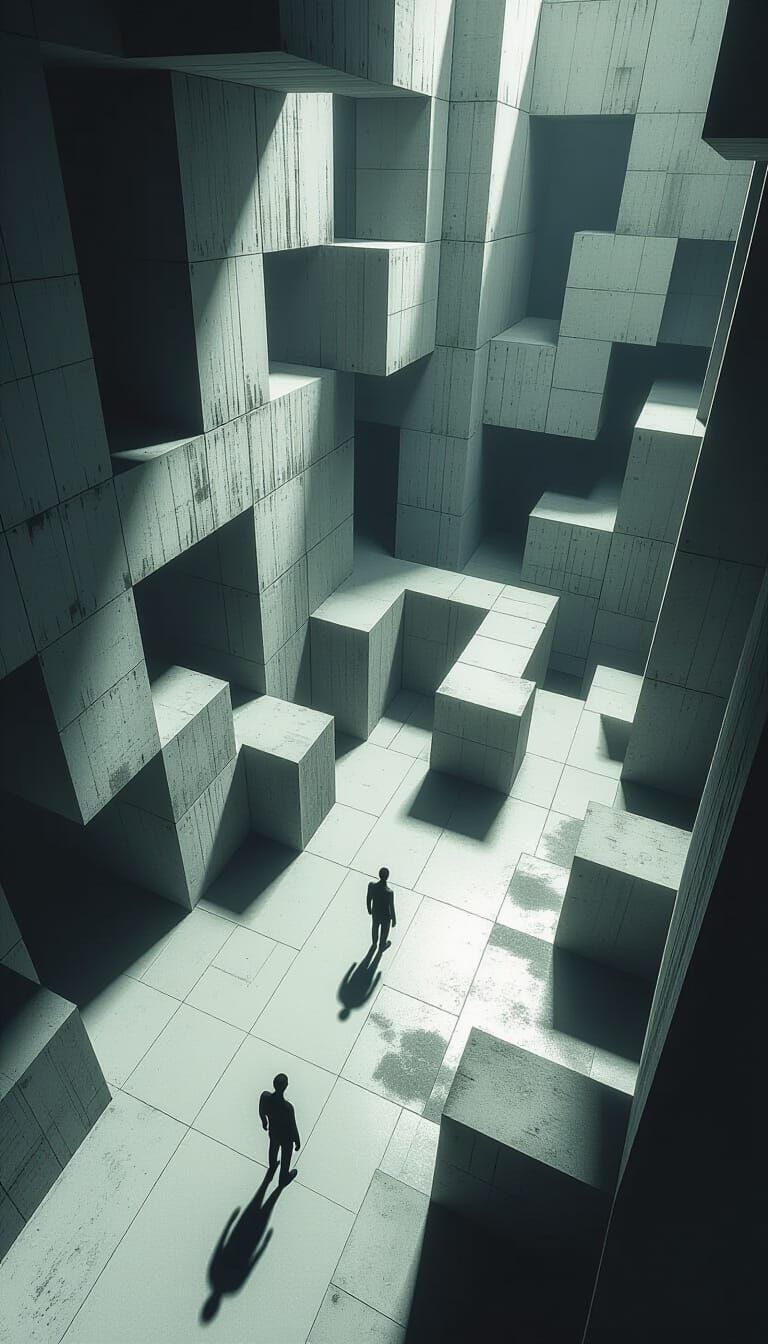 Cinematic Shot of Figure Lost in Surreal Brutalist Maze