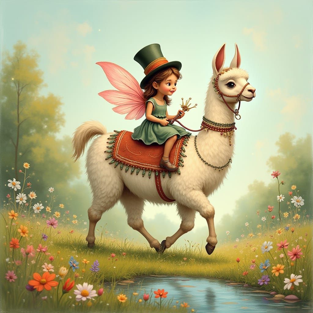 Fairy and Llama Ride Through Whimsical Meadow