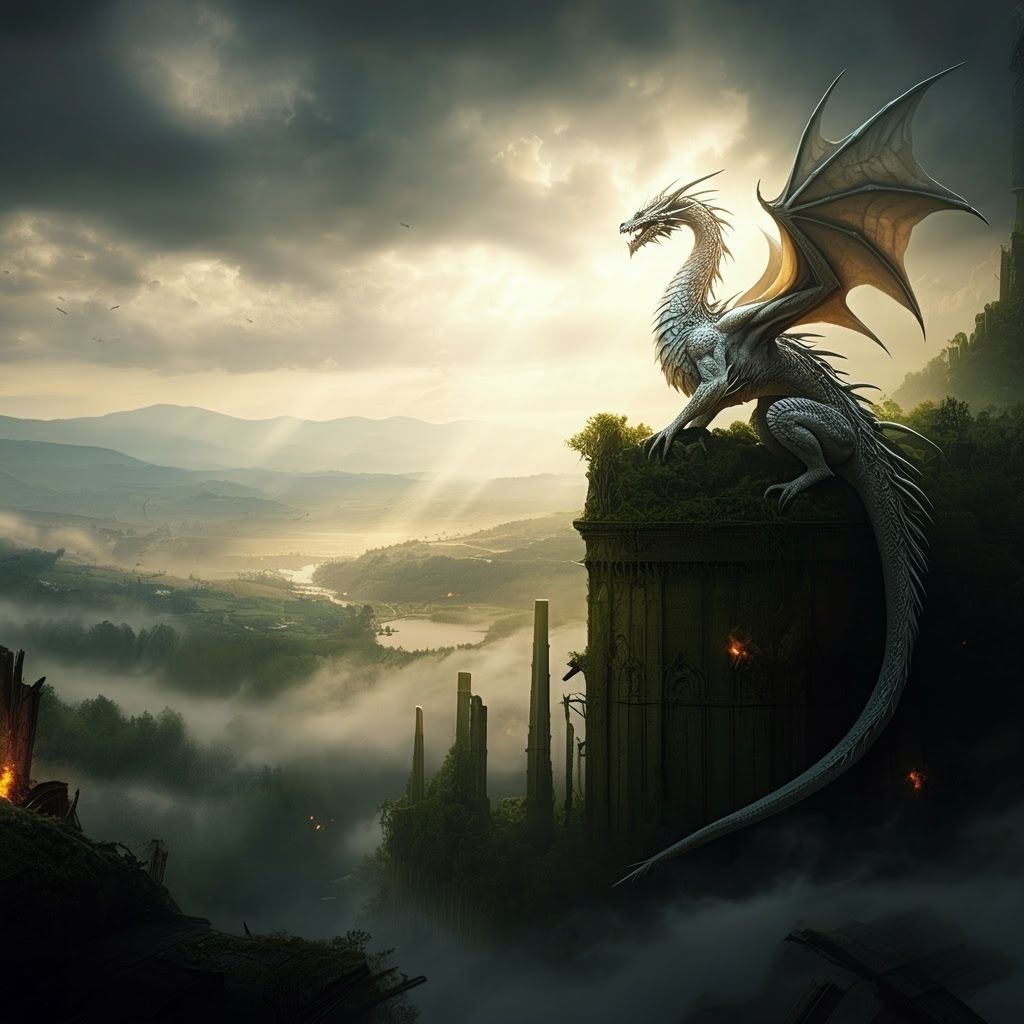 Majestic White Dragon on Citadel in Golden Hour Light
