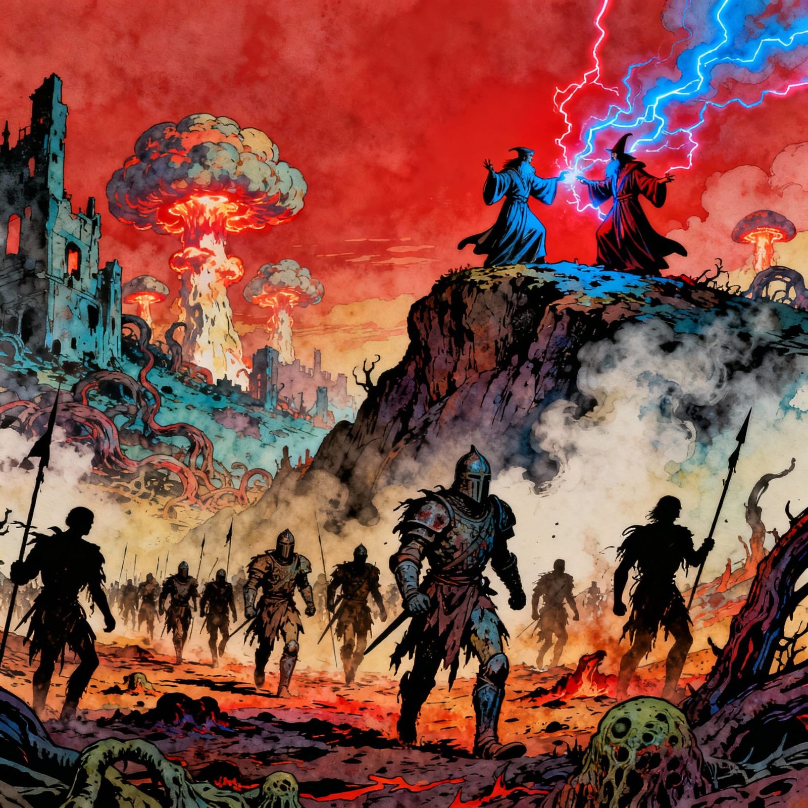 Surreal Fantasy Battlefield with Wizards and Mutants