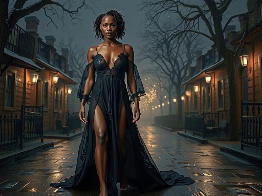 Ebony Woman in Rain, Art Nouveau Style