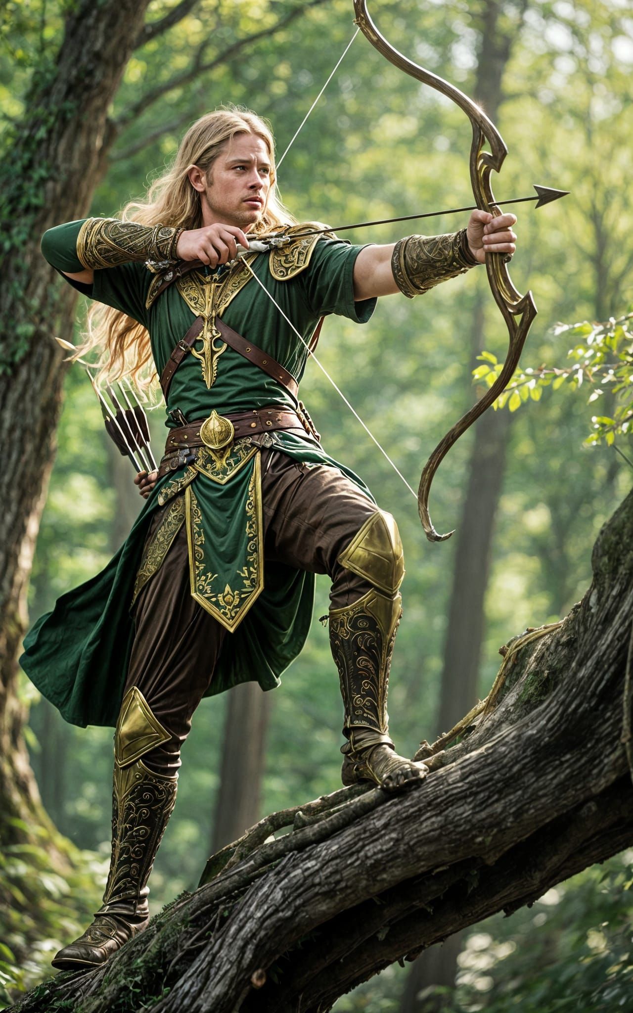 Elven Archer in Ornate Armor in Sunny Forest