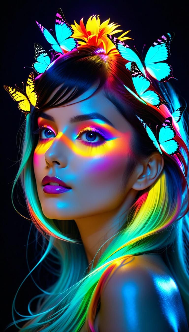 Bioluminescent Beauty in Double Exposure, Hypercolor Digital...