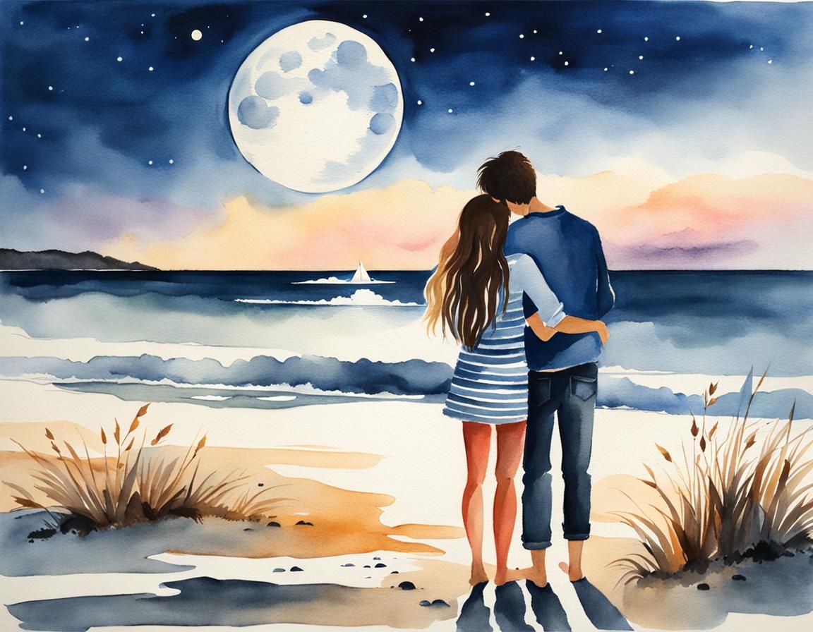 Romantic Moonlight Embrace on Beach: Watercolor Painting