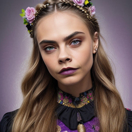 Gothic Cara Delevingne in Vibrant Purple and Gold