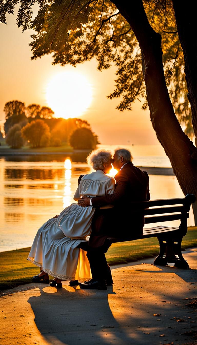 Elderly Couple at Sunset in Art Nouveau Style