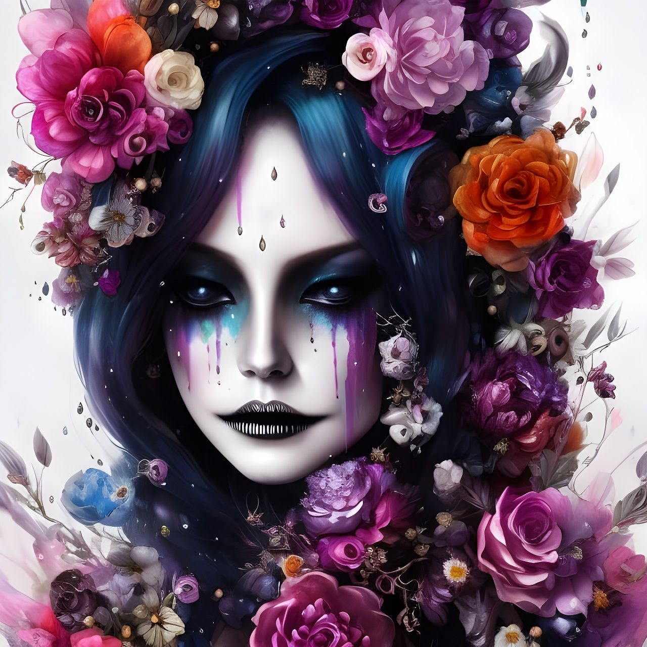 Fantastical Skull Queen Dripping Flowers in Watercolor