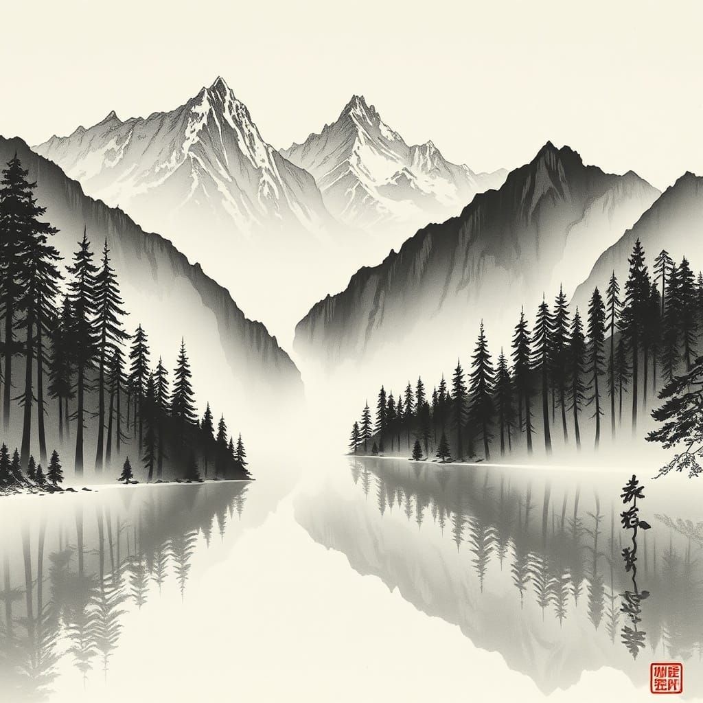 Serene Ink Landscape with Lake and Mountains