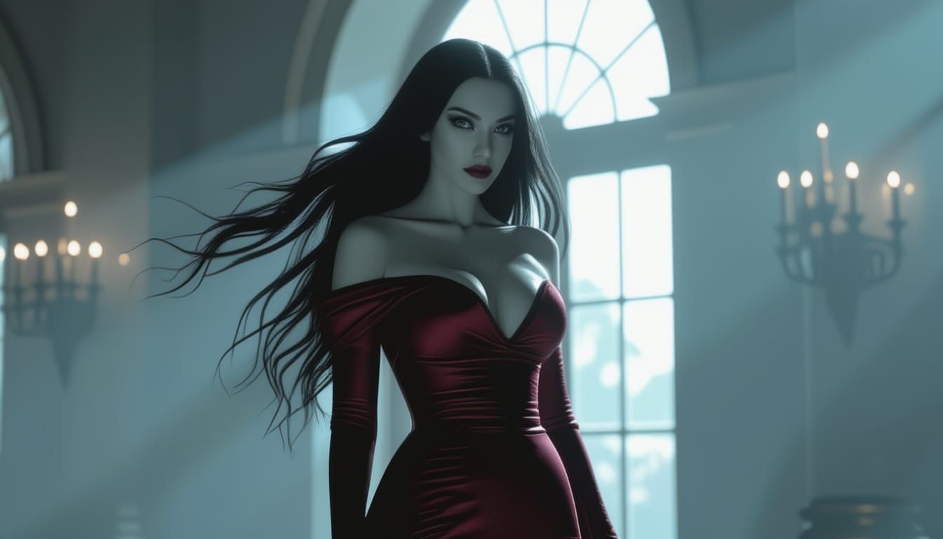 Elegant Vamp in Form Fitting Dress, Cinematic Film Still