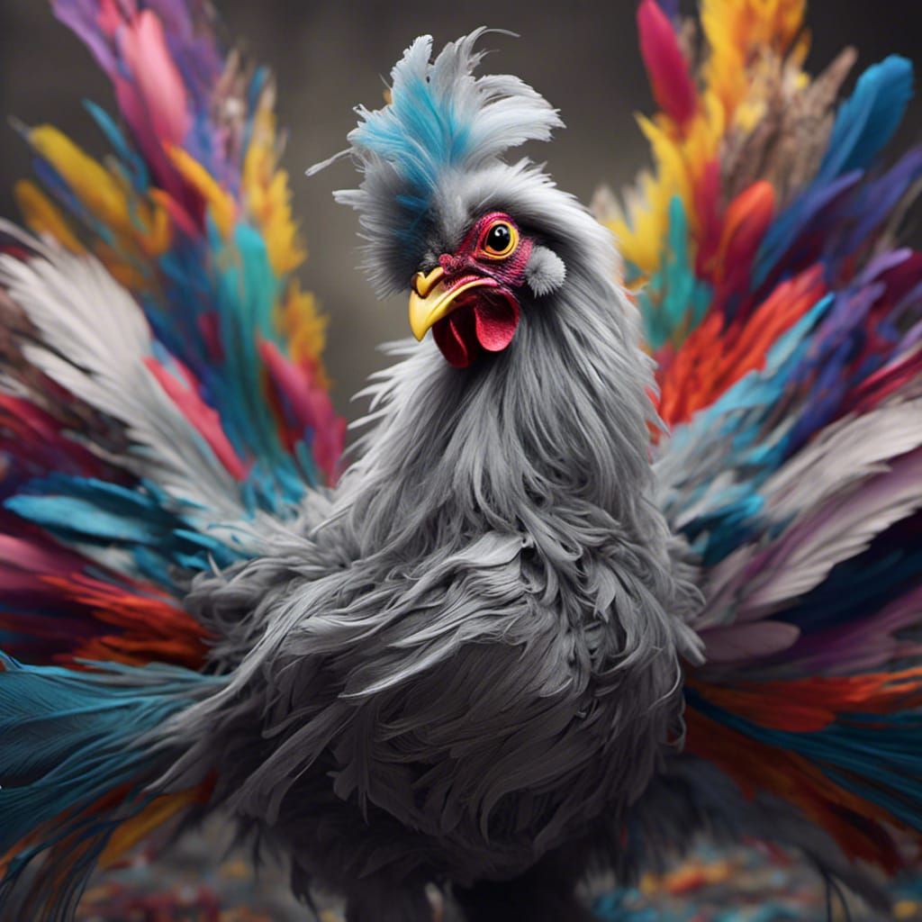 <lora:NC Hyperreal:1.0> Beautiful grey feathered female silkie chicken fantasy colourful amateur bad anatomy blurry defo...
