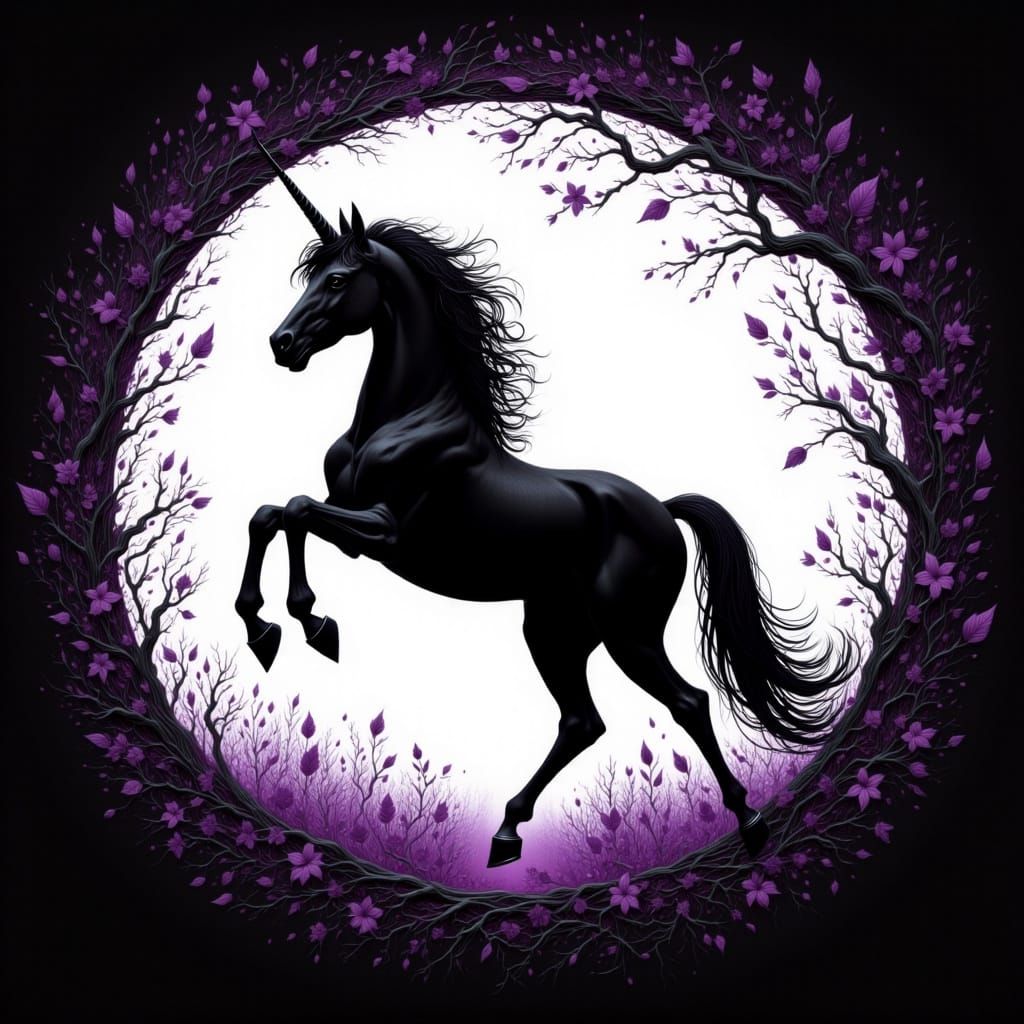 Unicorn Silhouette with Violet Accents, in Digital Art Style