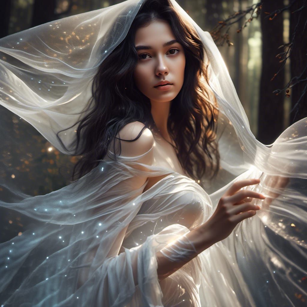 Ethereal Woman at Forest Portal, Hyperrealistic Fantasy