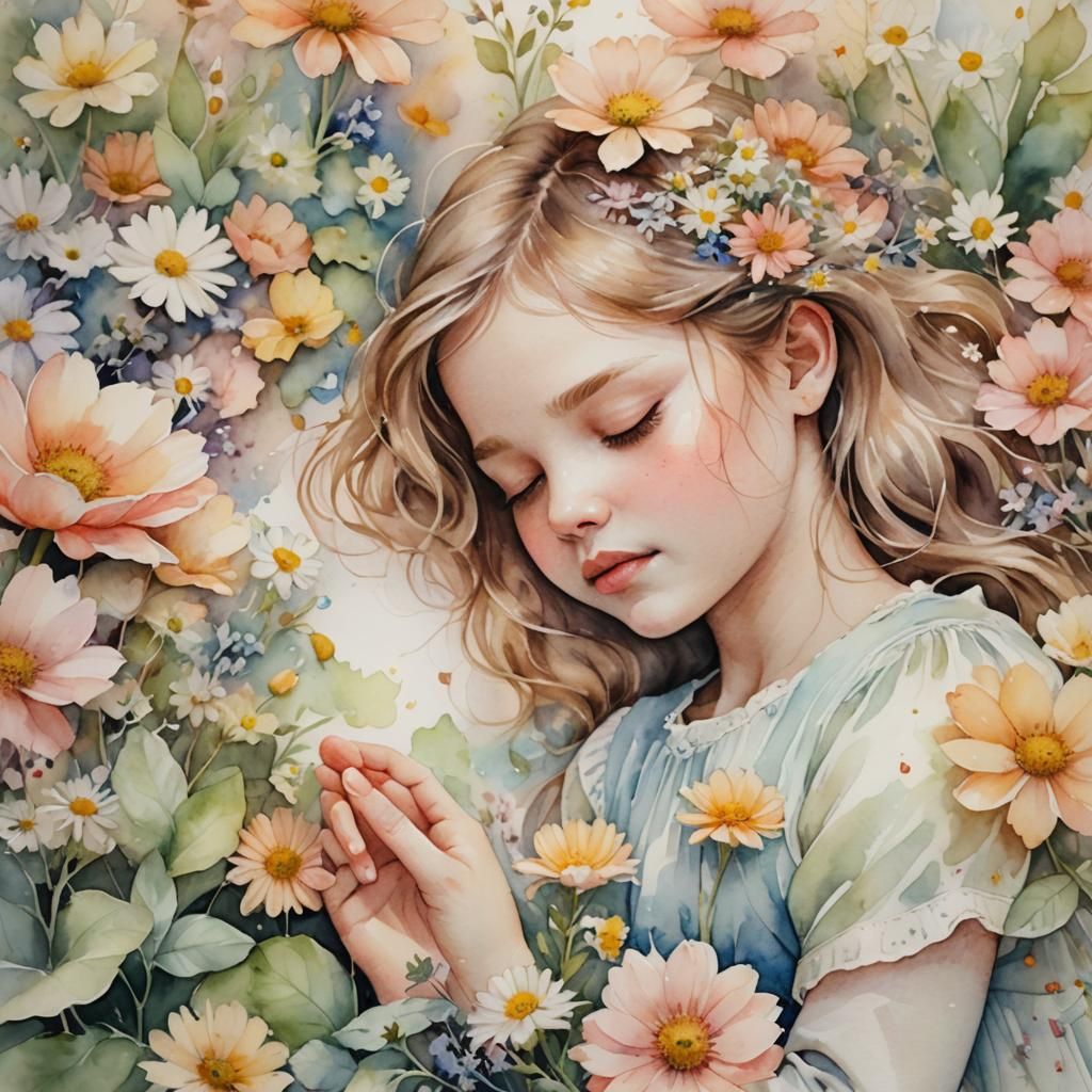 Child Sleeping on Flower Petal Watercolor