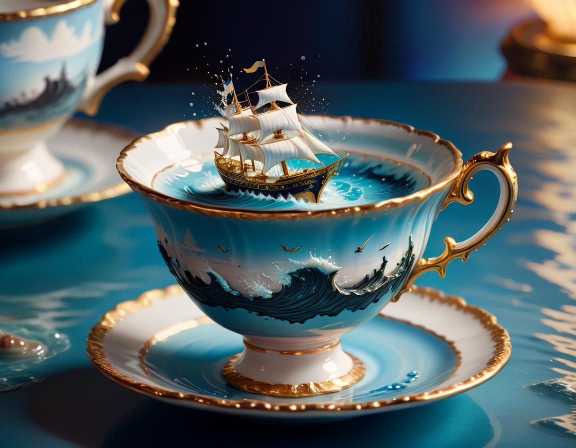 Tiny Ship Sails Stormy Teacup Sea