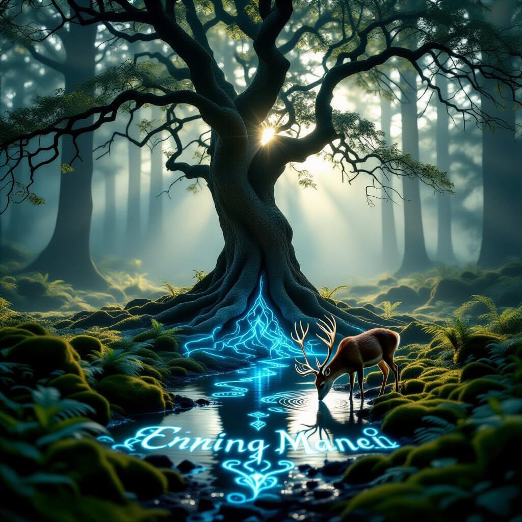 Misty Forest Dawn with Glowing Runes