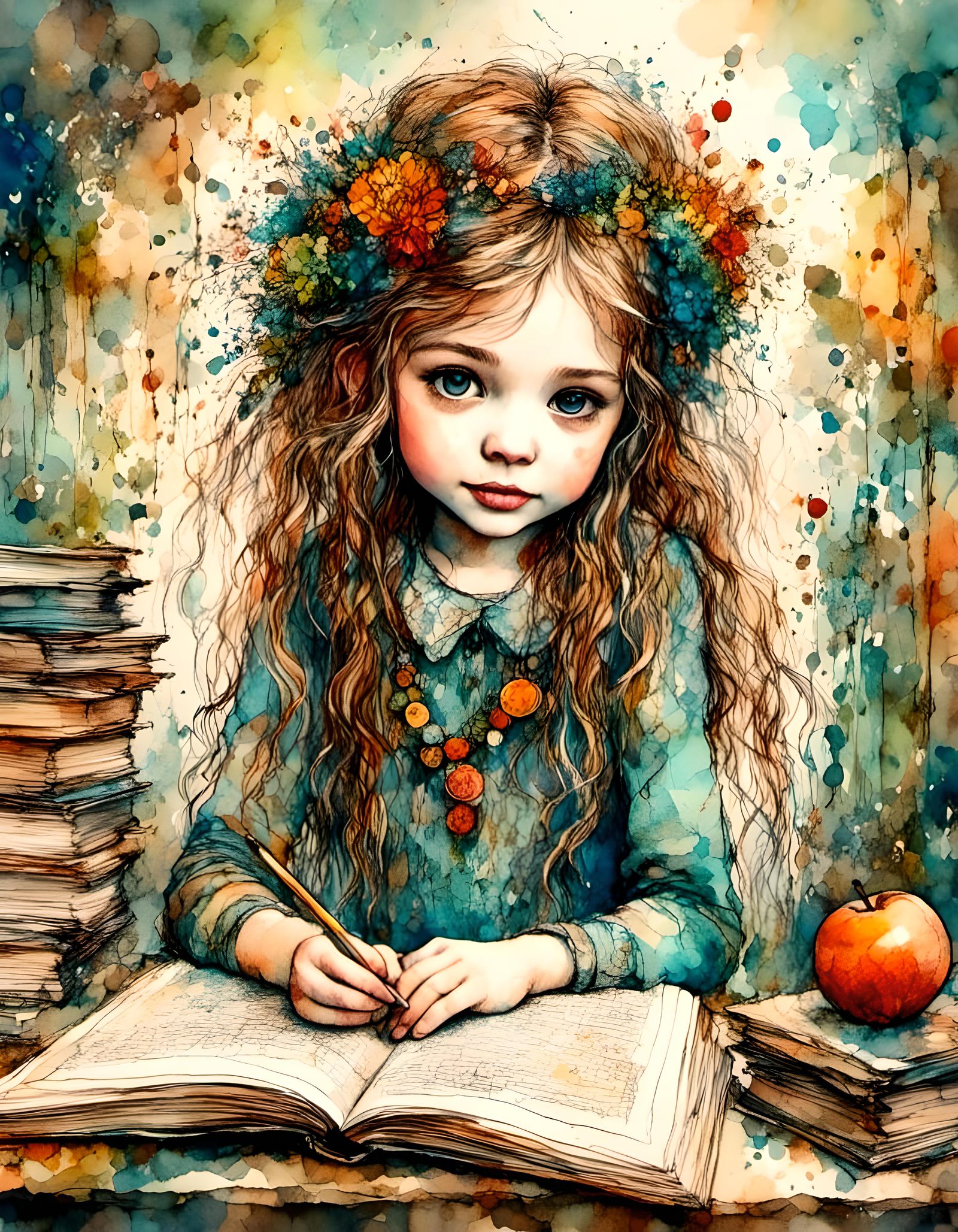 Matilda Wormwood at School in Watercolour and Ink