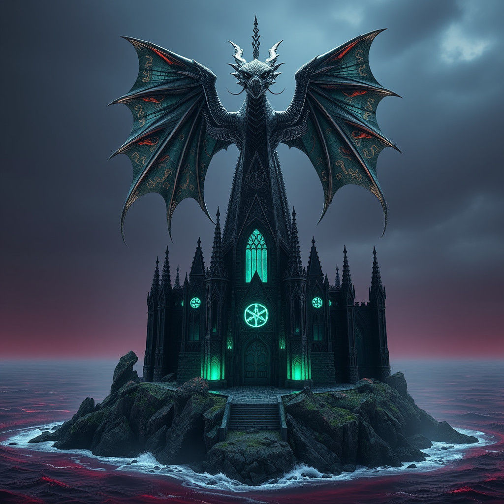 Alien Dragon Statue over Gothic Abbey