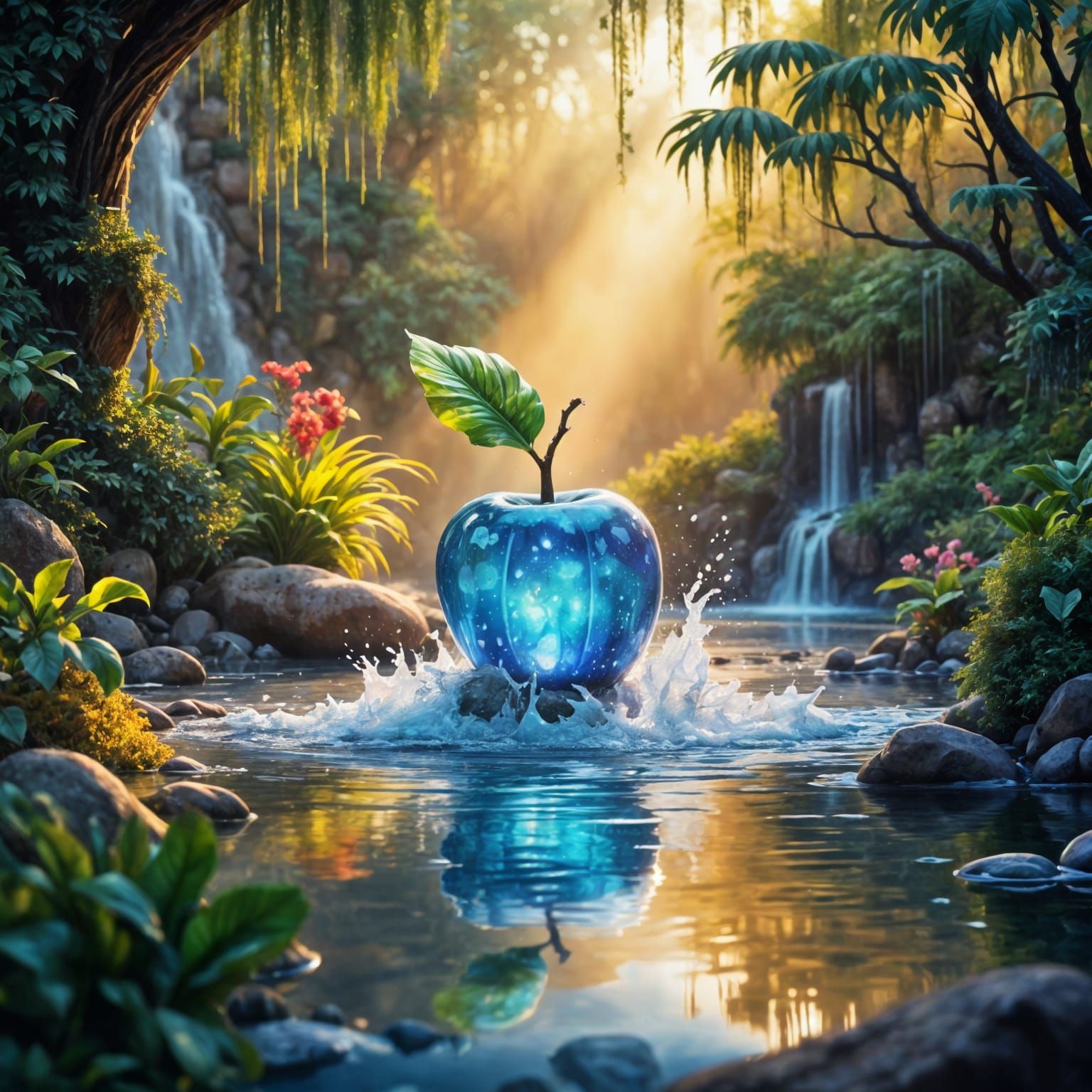 Luminous Watercolor Garden Scene with Iridescent Reflections