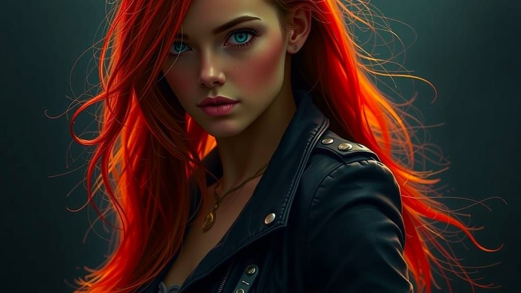 Redhead in Edgy Leather Jacket with Golden Necklace and High...