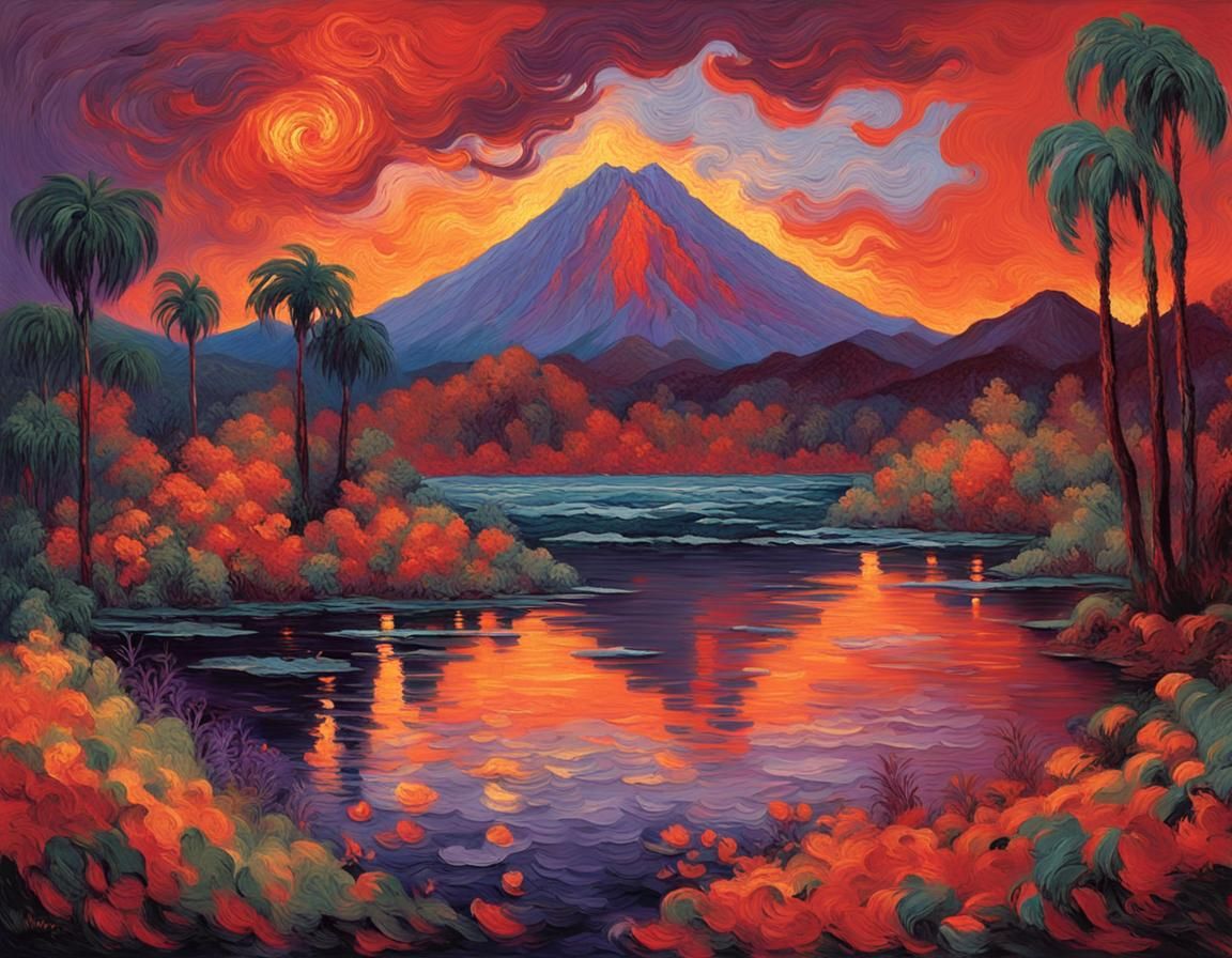 Volcanic Eruption at Jungle's Edge as Impasto Painting