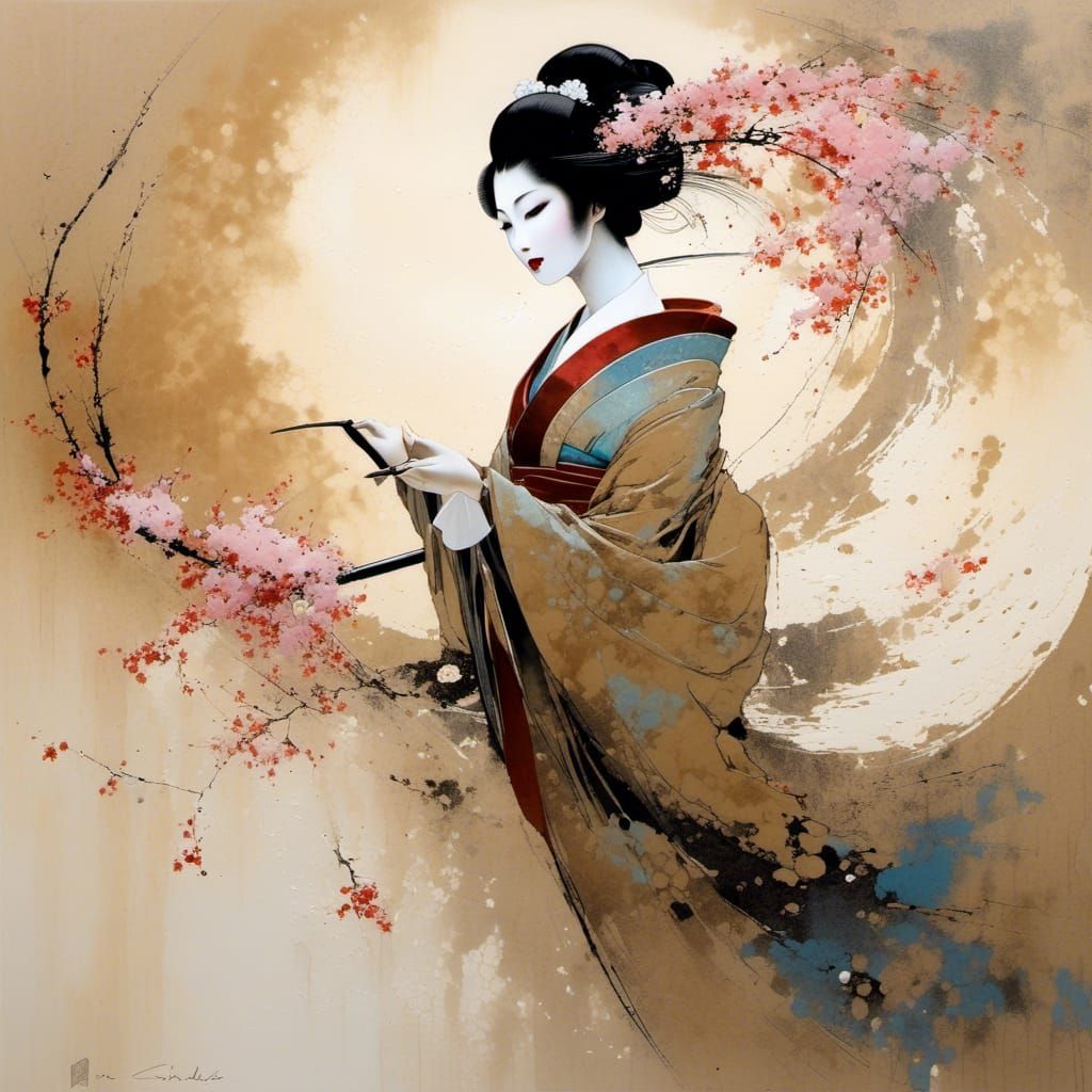 Dancing Geisha with Sakura in Surreal Ink Art