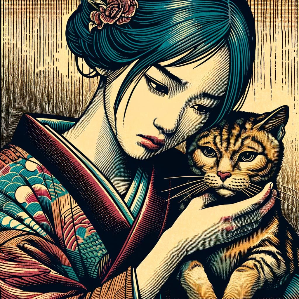 Melancholy Woman with Cat in Woodblock Print Style
