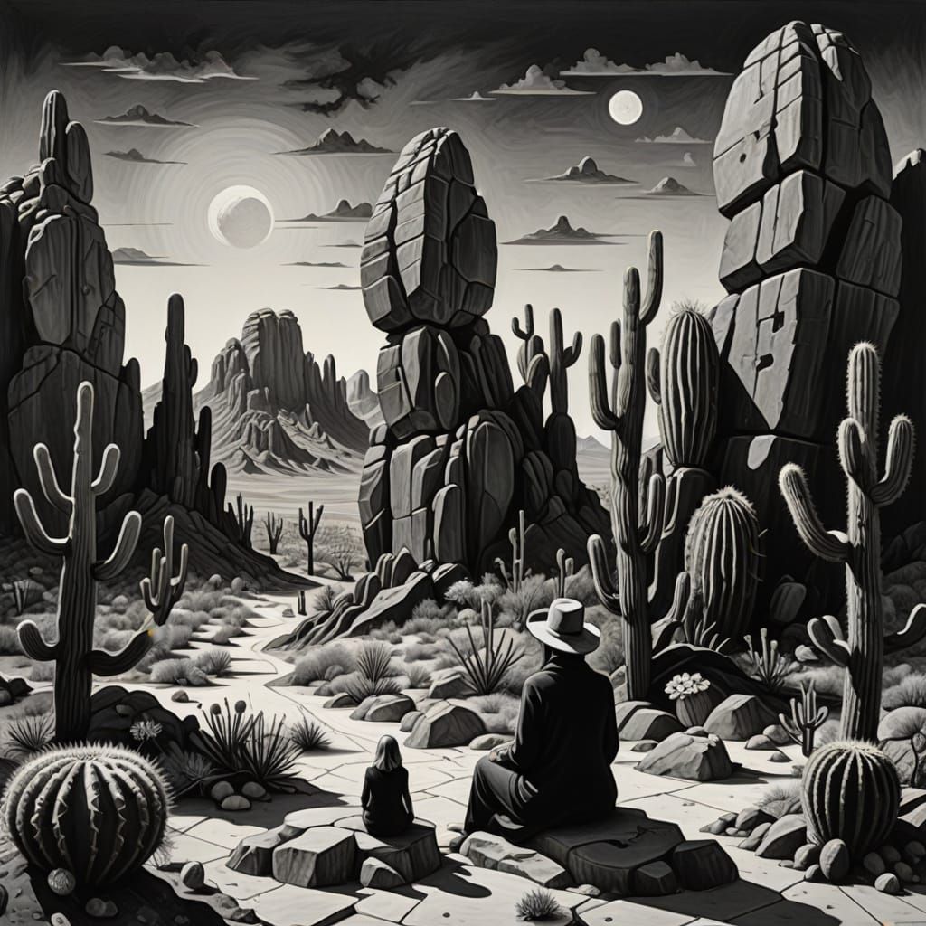 Surreal Desert Landscape as Charcoal Drawing