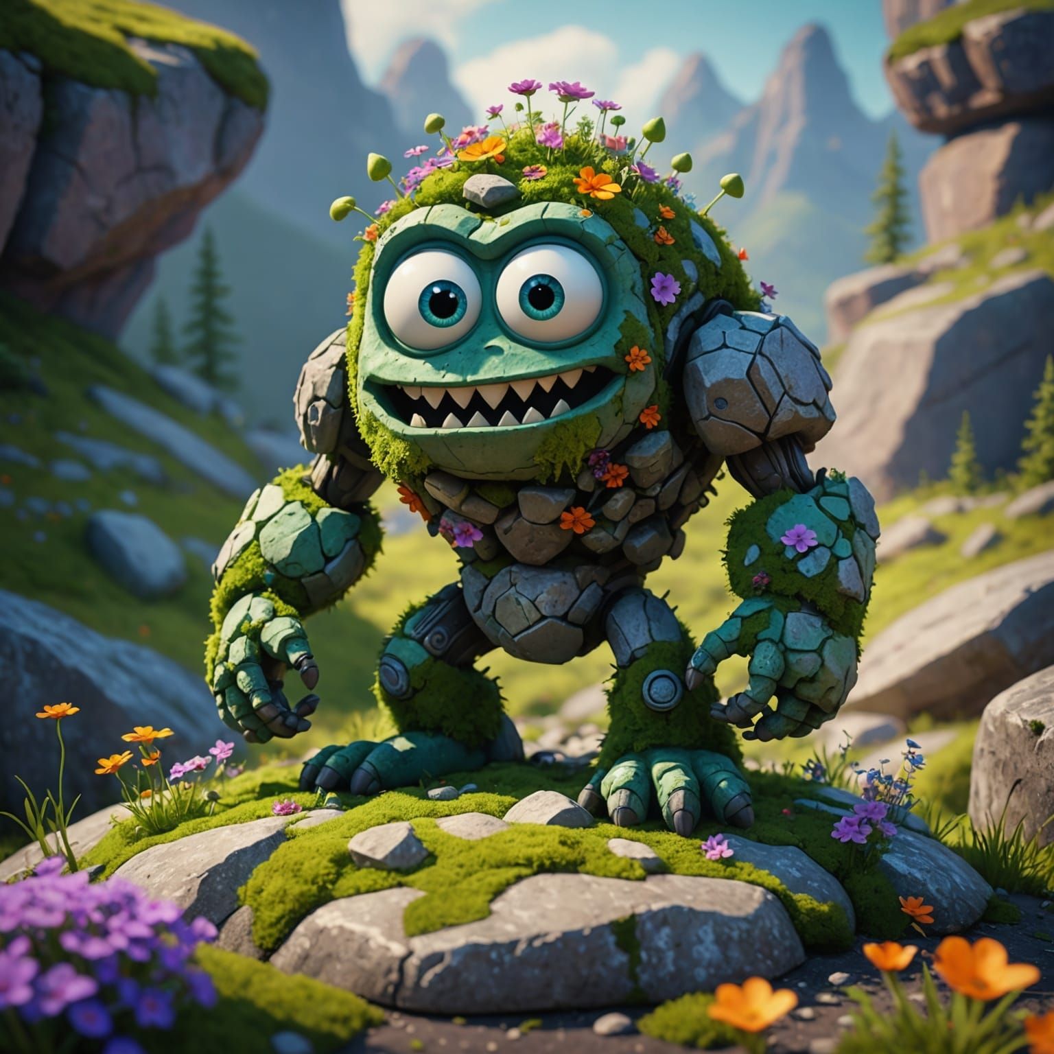 Mossy Rock Monster with Flowers: 3D Digital Art