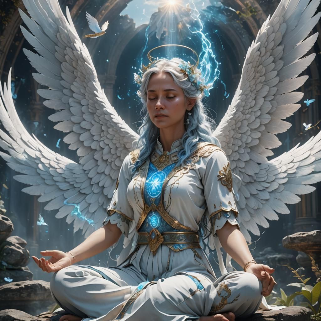 Meditating White Angel in Detailed Matte Painting