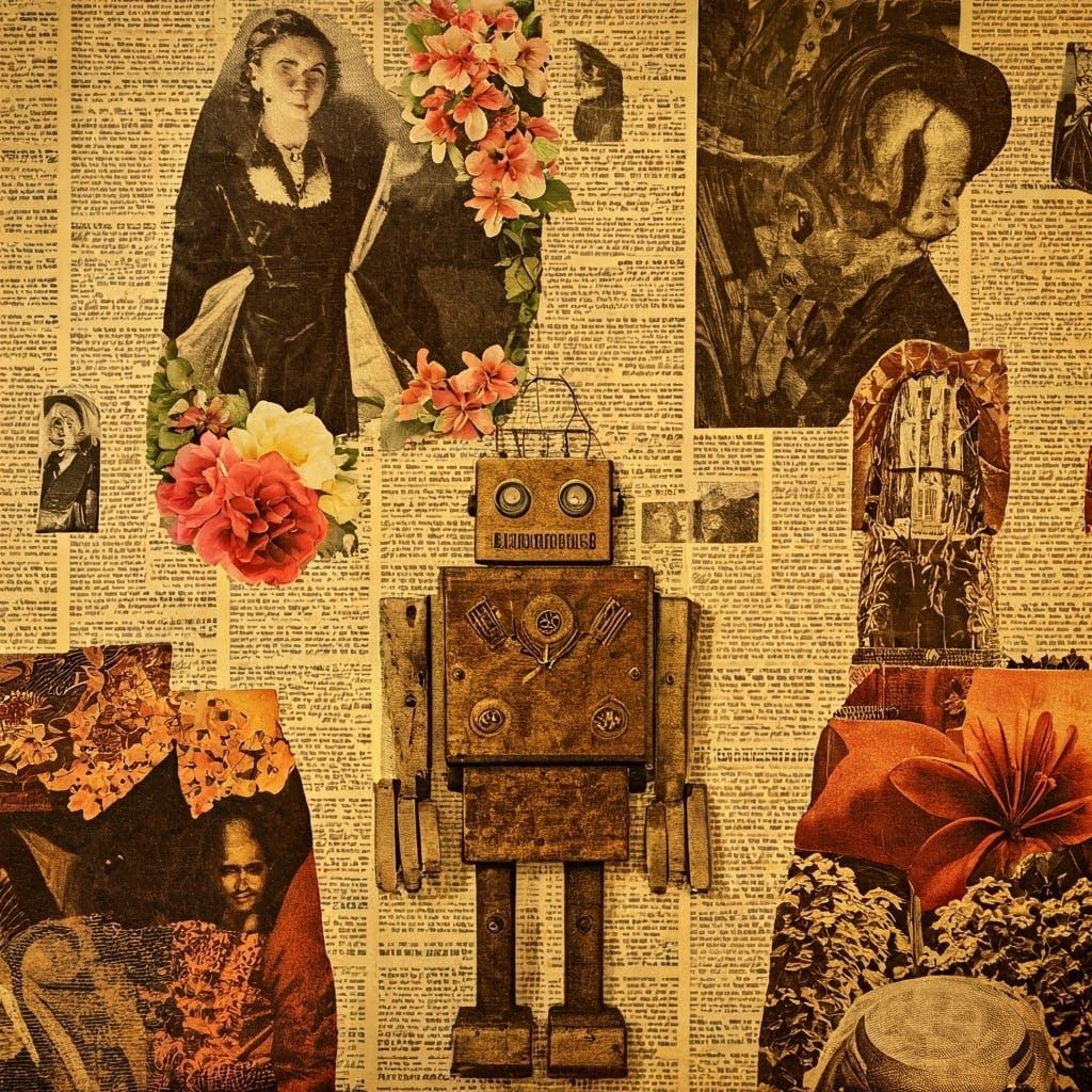 Vintage Collage of Houses, People and Robot