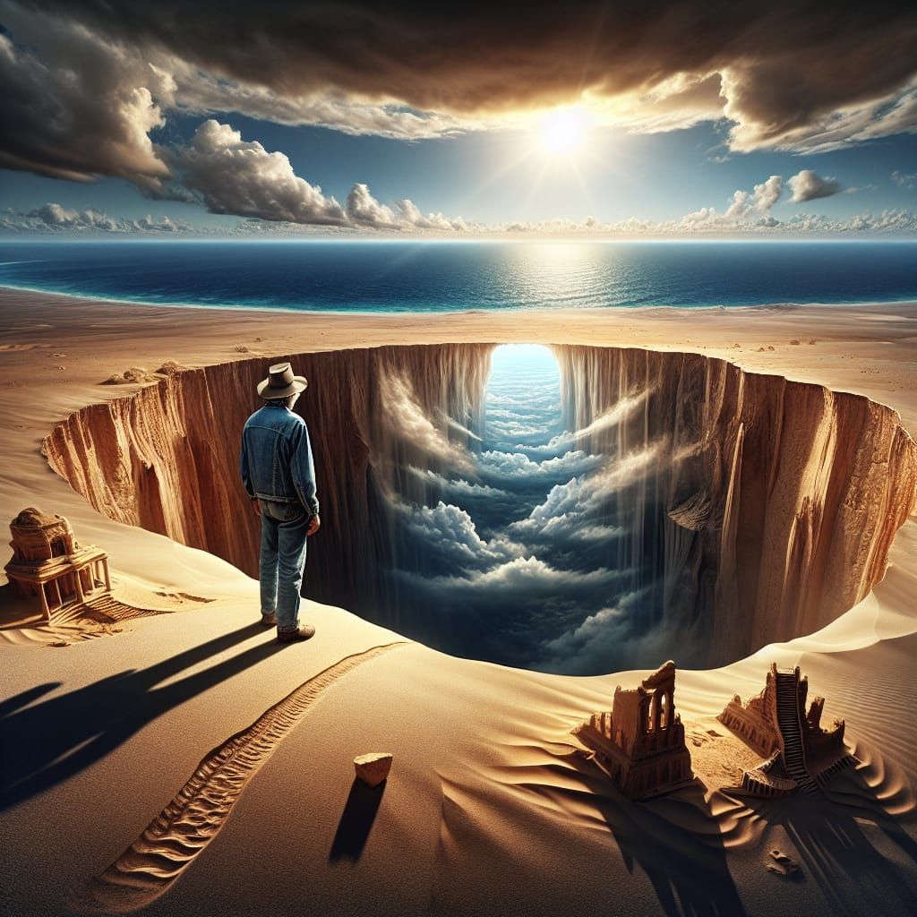 Surreal Desert Explorer Gazing into Seascape Void