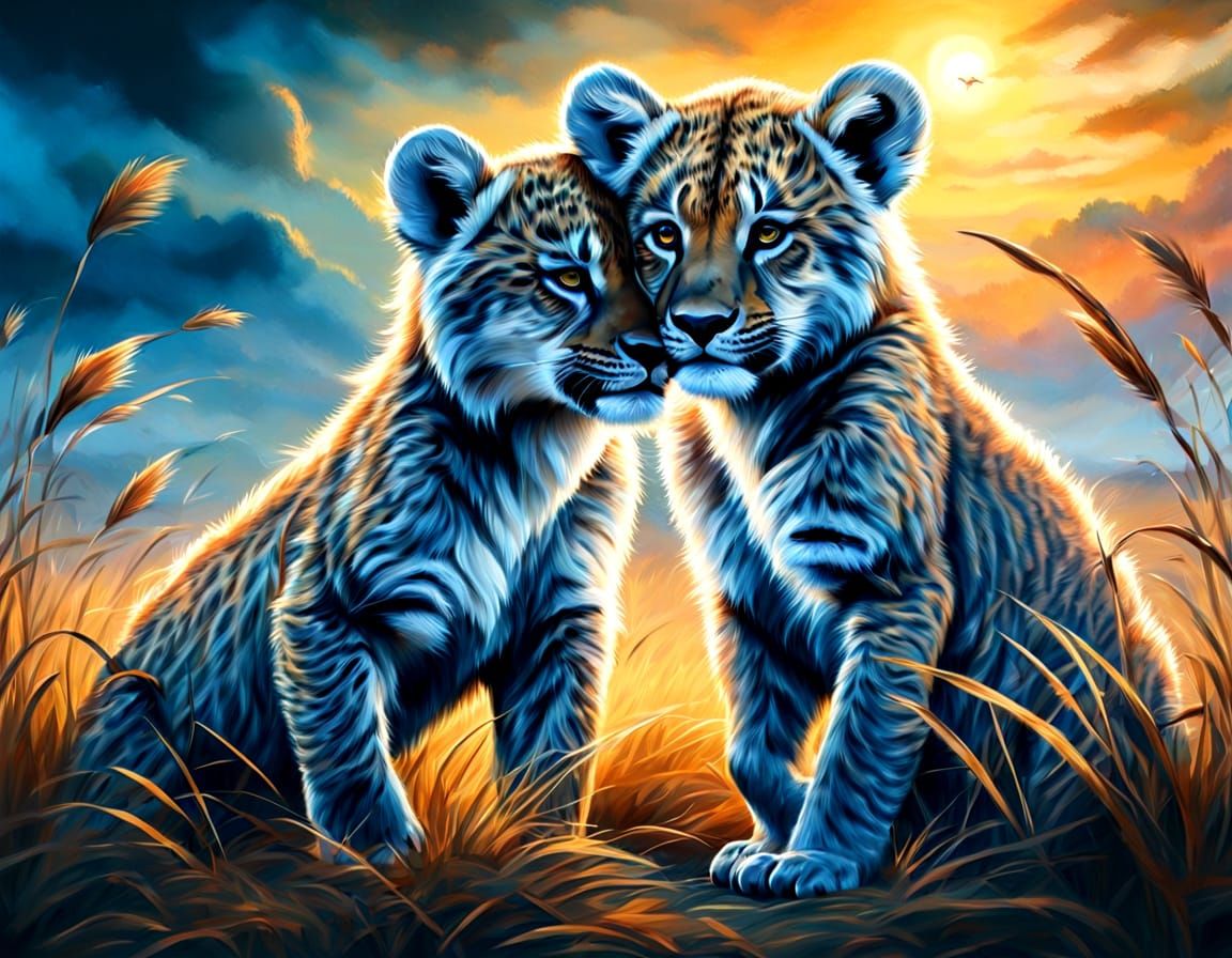 Cubs Playing on Savanna in Vibrant Oil Painting