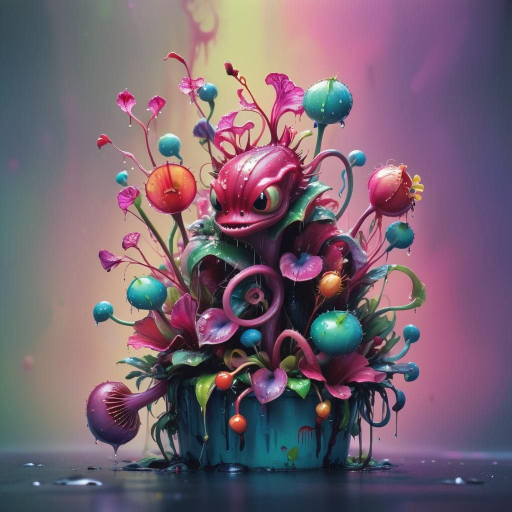 Cannibal Plant Devouring Prey in Technicolor Jungle