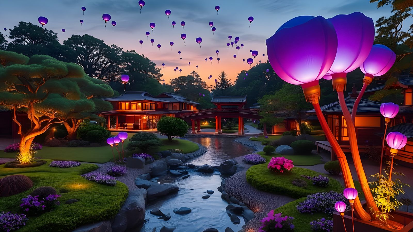 Serene Japanese Garden Blooms with Ethereal Balloon Flowers
