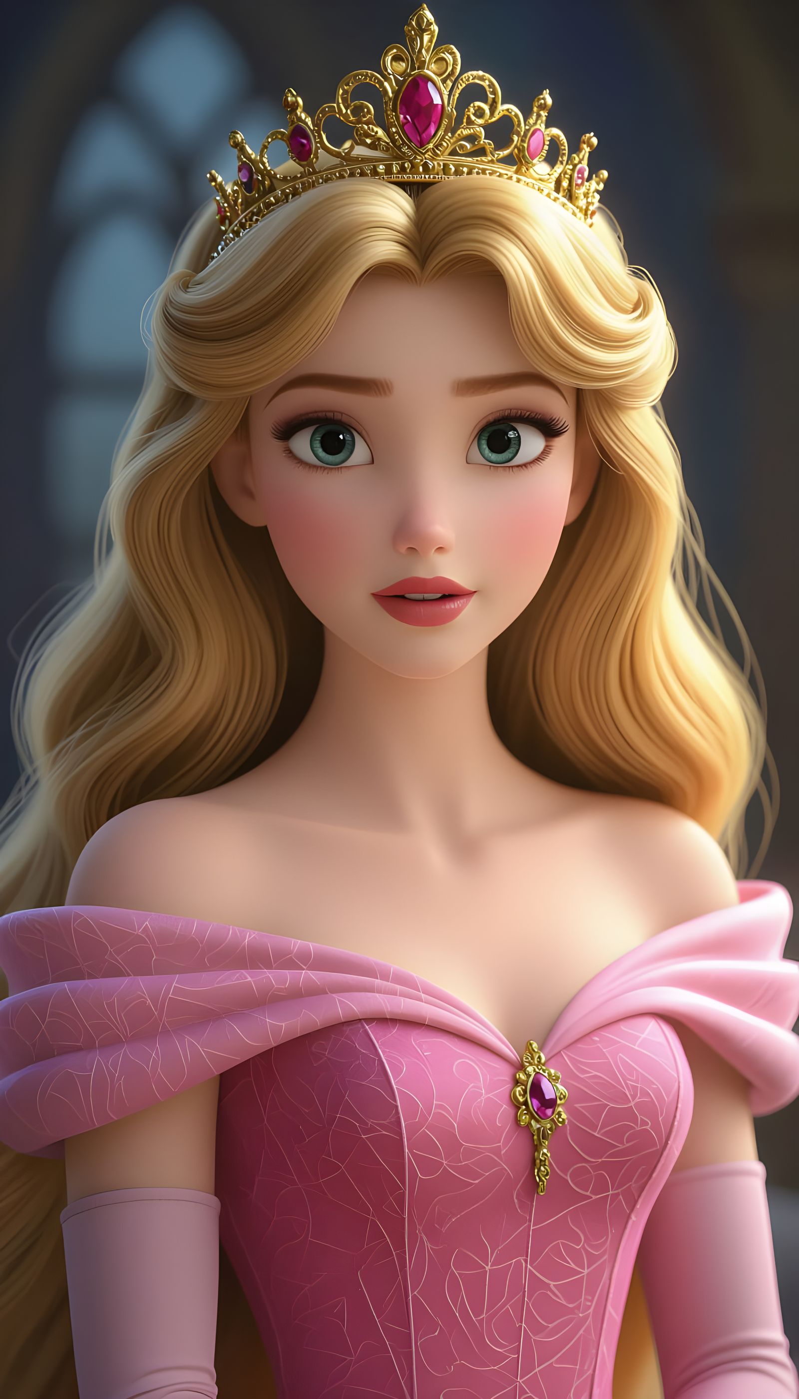 Hyperrealistic Aurora Portrait in Pink Dress and Gold Crown