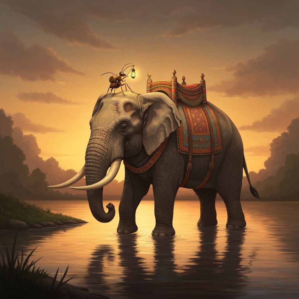 Elephant and Ant Crossing River at Sunset, Warm Tones