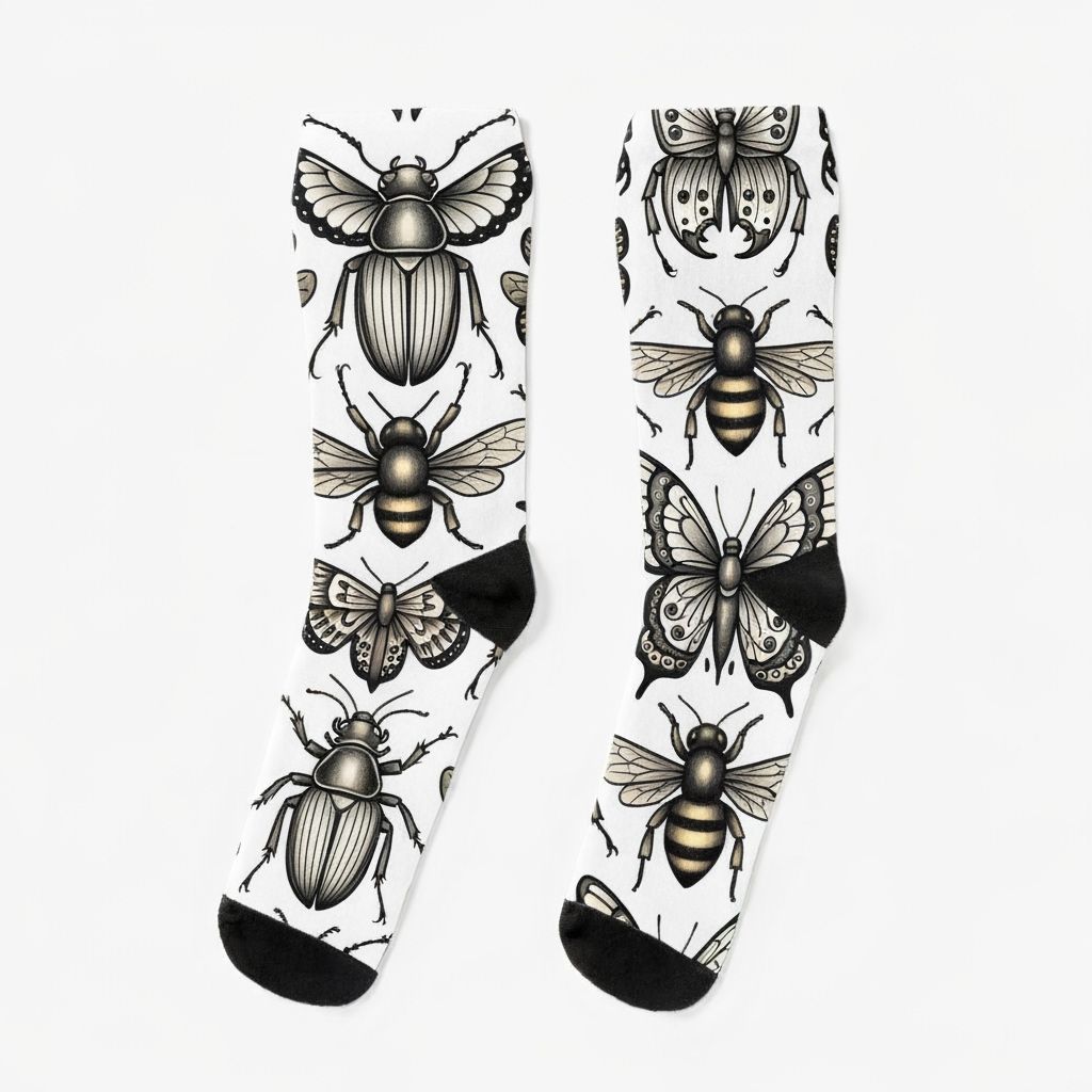 Socks with Tattoo-Style Stag Beetles, Butterflies, and Bees