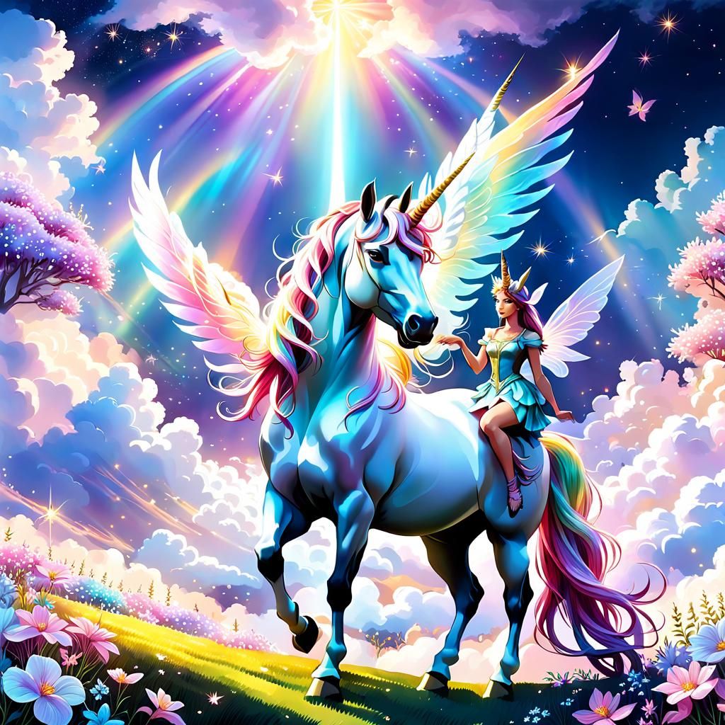 Goddess and Unicorn in a Magical Cloudscape