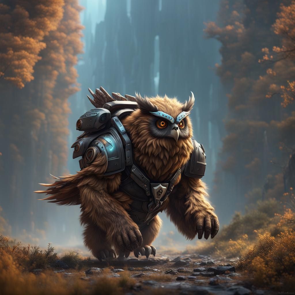 Owlbear Soaring with Jetpack: Detailed Fantasy Art