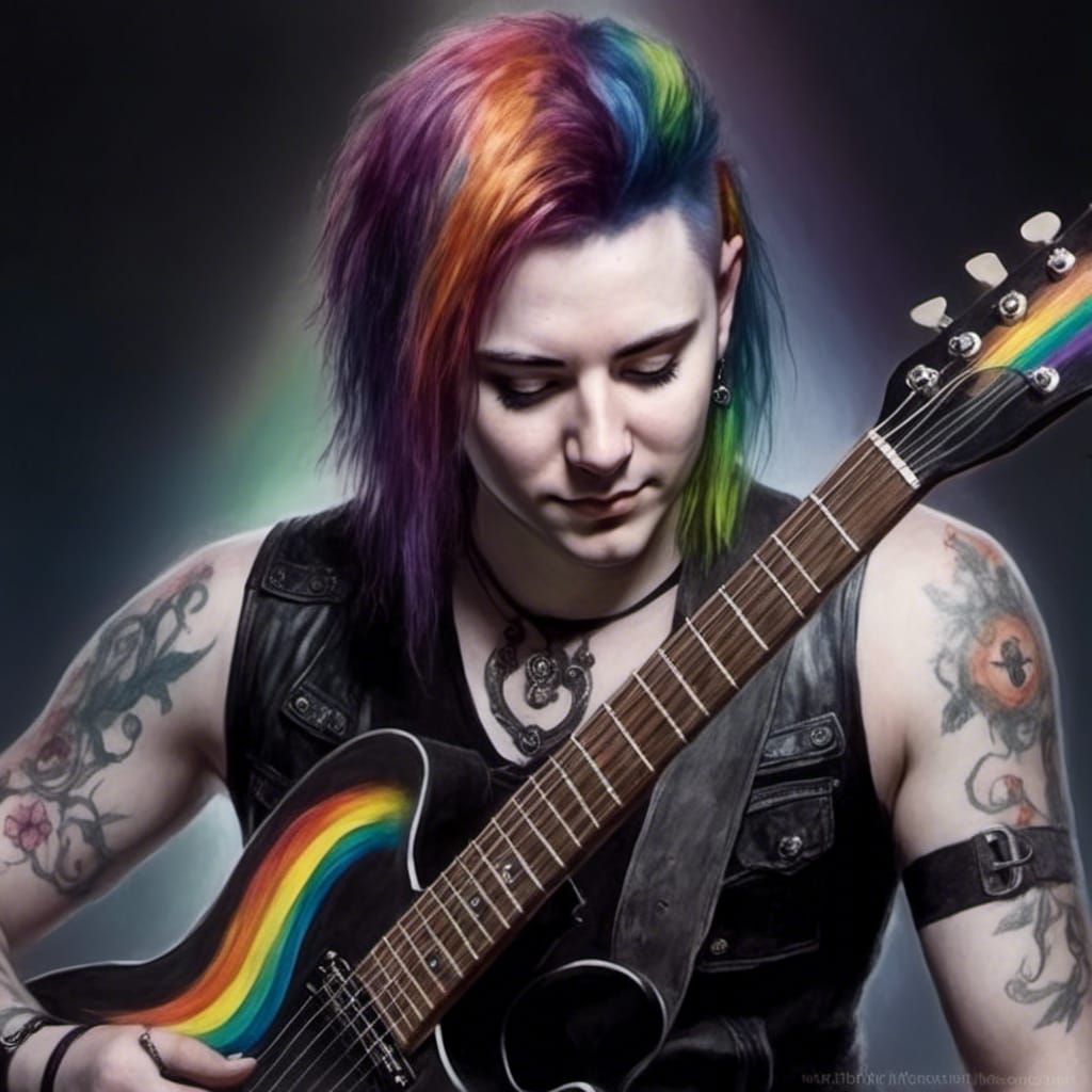 Young Goth Guitarist with Rainbow Hair and Guitar