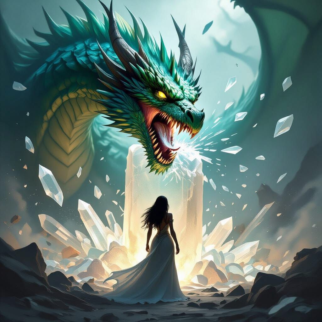 Enraged Dragon Bites Selenite Pillar in Dark Fantasy Art