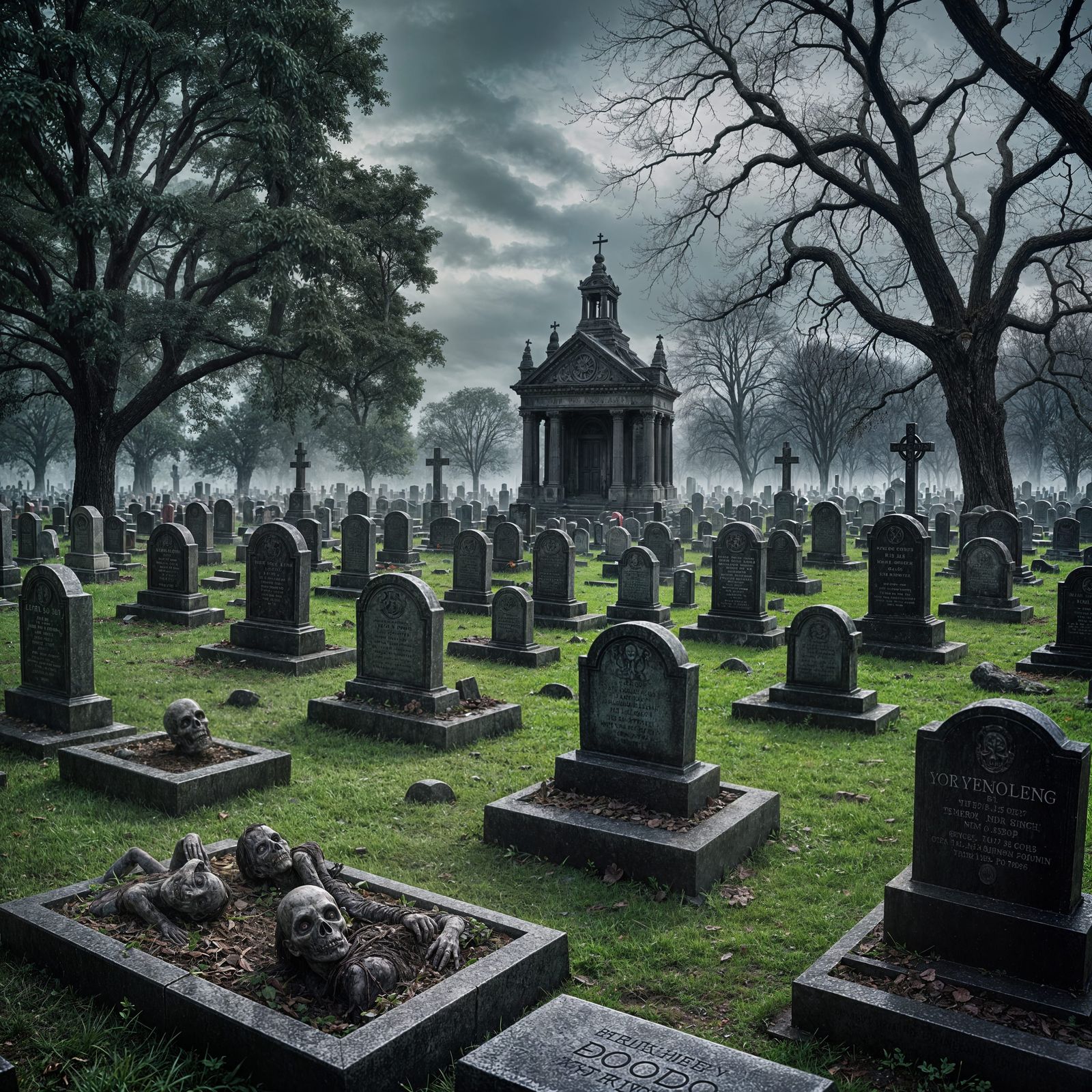 Spooky Graveyard with Emerging Zombies in HDR